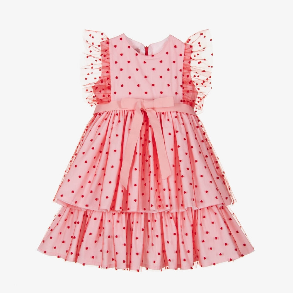 Phi Clothing Red Heart Layered Tulle Pink Dress with Bow